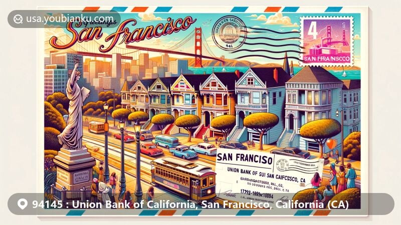 Modern illustration of ZIP code 94145 area in San Francisco, CA, highlighting Union Bank of California, Painted Ladies, Grace Cathedral, Ghirardelli Square, and Golden Gate Bridge.