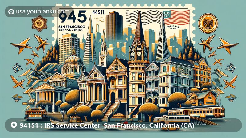 Modern illustration featuring ZIP code 94151, IRS Service Center in San Francisco, California, with iconic landmarks like Painted Ladies, Transamerica Pyramid, and Fisherman’s Wharf, integrated with postal theme.