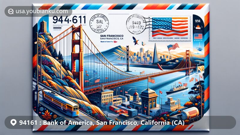 Modern illustration of San Francisco, California, featuring iconic landmarks like the Golden Gate Bridge, Alcatraz Island, and the postal theme with ZIP code 94161.