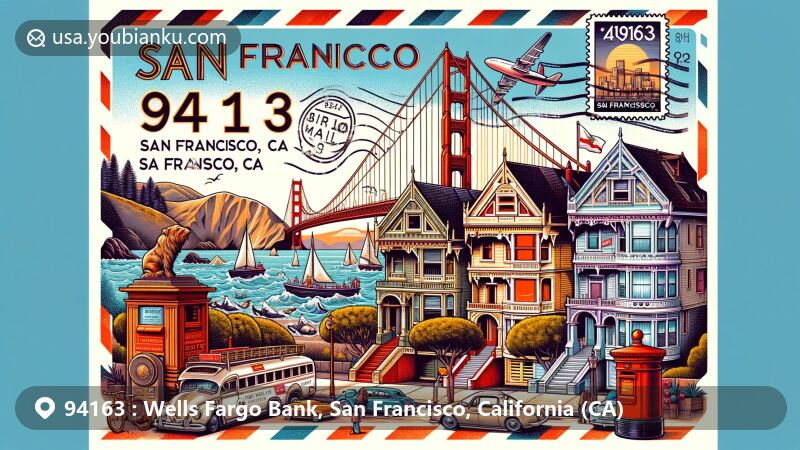 Vintage postcard-style illustration of ZIP code 94163 featuring iconic San Francisco landmarks like the Golden Gate Bridge, the Painted Ladies, and Pier 39 sea lions, with postal elements and California state symbols.