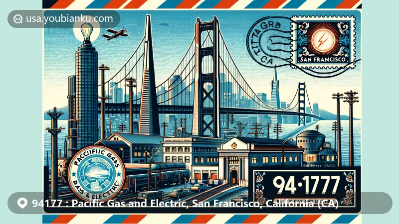 Modern illustration of San Francisco's iconic landmarks with themes related to energy and electricity, showcasing Pacific Gas and Electric in ZIP code 94177.