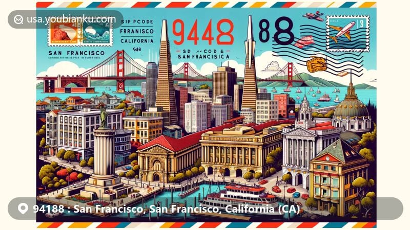 Vibrant illustration of San Francisco, California, highlighting landmarks like the Golden Gate Bridge, Alcatraz Island, Painted Ladies, and more, against the city skyline and postal elements.