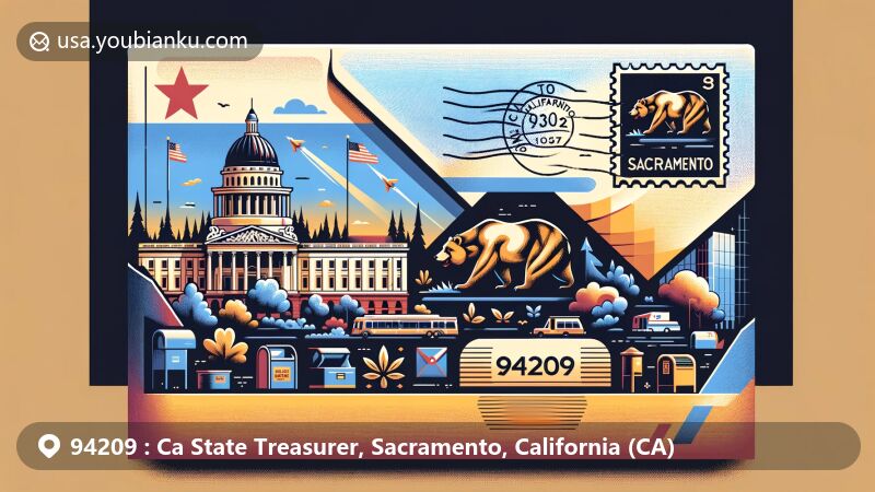 Creative illustration of California-themed airmail envelope with State Capitol building silhouette, showcasing ZIP code 94209 and City of Trees theme.