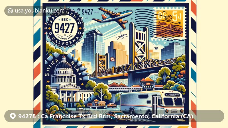 Modern illustration of Ca Franchise Tx Brd Brm, Sacramento, California (CA), featuring key landmarks like California State Capitol and Tower Bridge, with postal elements such as vintage postage stamp and postal mark.