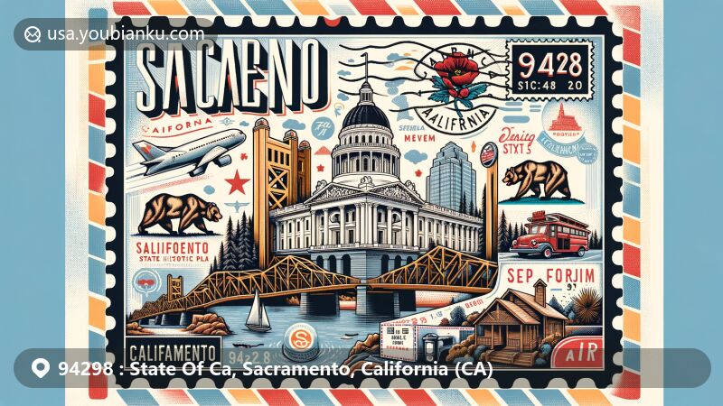 Modern illustration of Sacramento, California, highlighting postal theme with ZIP code 94298, featuring California State Capitol, Tower Bridge, Sutter's Fort State Historic Park, and the Ziggurat building, along with iconic California symbols such as the grizzly bear and the red star.