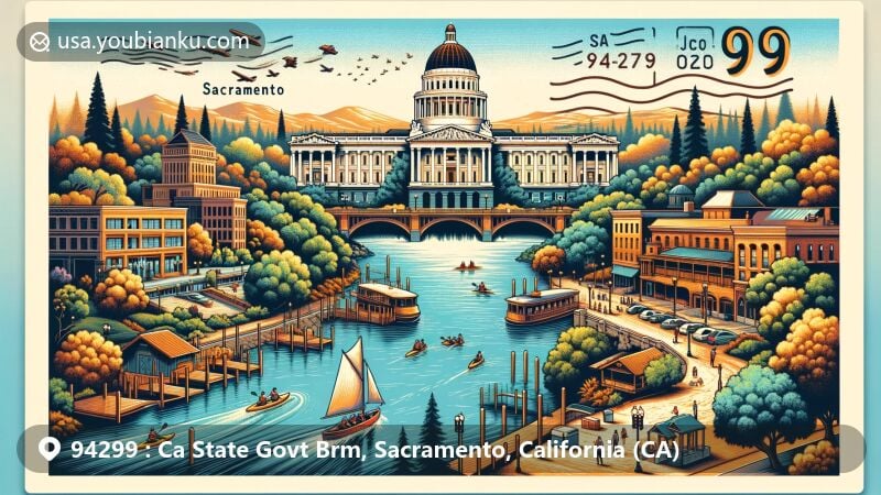 Modern illustration of Sacramento, California, highlighting cultural and natural heritage with California State Capitol, Old Sacramento waterfront, and American River.