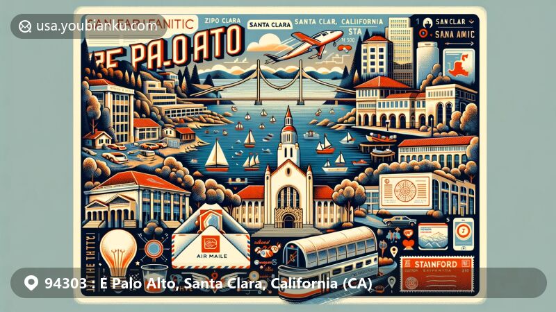 Modern illustration of E Palo Alto, Santa Clara County, California, blending rich history and modern features, with a postcard or air mail envelope design.