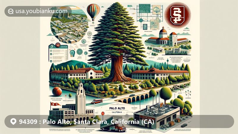 Modern illustration of Palo Alto, California, highlighting redwood tree 'El Palo Alto,' Stanford University's main quad, Hoover Tower, Hewlett Packard Garage, and elements representing PARC, blended with Baylands Nature Preserve.