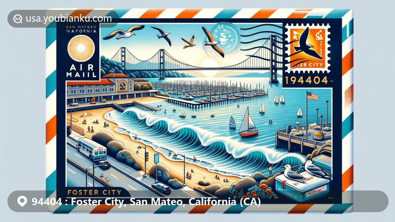 Modern illustration of Foster City, California, showcasing postal theme with ZIP code 94404, featuring San Mateo-Hayward Bridge and Foster City Marina.