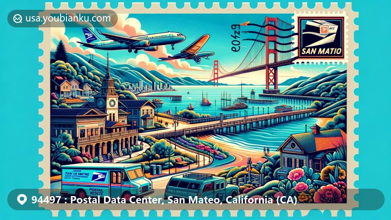 Modern illustration of Postal Data Center in San Mateo, California, with ZIP code 94497, showcasing vibrant postcard design featuring San Mateo County landmarks like Japanese Garden, Coyote Point Recreation Area, and Sanchez Adobe.