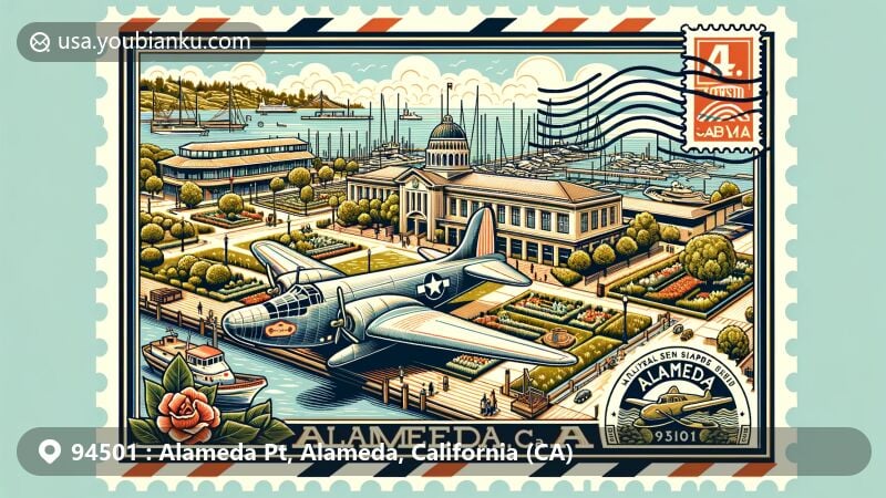 Modern illustration of Alameda, California, showcasing postal theme with ZIP code 94501, featuring the Alameda Naval Air Museum and blending small-town charm with urban elements.