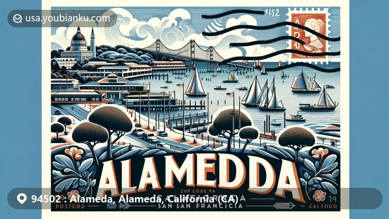 Modern illustration of Alameda, CA, showcasing iconic landmarks and cultural symbols including Alameda Island, Bay Farm Island, Neptune Beach, and San Francisco Bay, integrating elements reflecting rich history and natural beauty like oak trees and maritime elements.