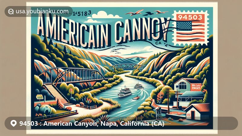 Modern illustration of American Canyon, Napa County, California, showcasing local landmarks like the Napa River, Sulfur Springs Mountains, and Wetlands Edge Park, emphasizing natural beauty and recreational opportunities.