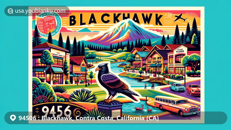 Modern illustration of Blackhawk area, Contra Costa County, California, with ZIP code 94506, featuring local landmarks, Blackhawk Country Club, Blackhawk Plaza, Mt. Diablo State Park, and a vibrant color palette.