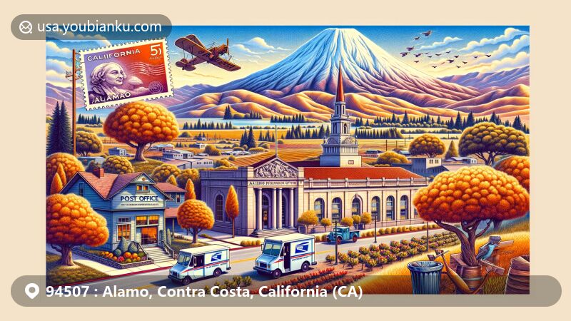 Modern illustration of Alamo, Contra Costa County, California, representing ZIP code 94507, featuring Mount Diablo, Alamo post office, poplar trees, and almond/walnut orchards, blending natural beauty, postal heritage, and local culture.