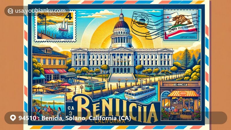 Modern illustration of Benicia, California, showcasing postal theme with ZIP code 94510, featuring the Benicia Capitol State Historic Park and waterfront views of Carquinez Strait.