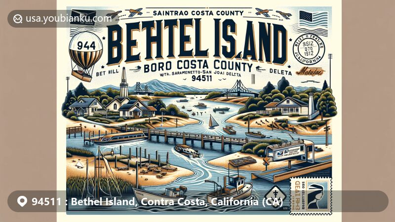 Modern illustration of Bethel Island, Contra Costa County, California, featuring postal theme with ZIP code 94511, showcasing outdoor activities, historical significance, and iconic postal elements.