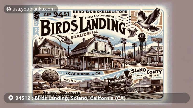 Modern illustration of Birds Landing, Solano County, California, highlighting the historic Bird and Dinkelspiel Store and Shirley's Tavern, with a nod to the Western Railway Museum. Postal theme with ZIP code 94512, and vintage air mail envelope and postal stamp.