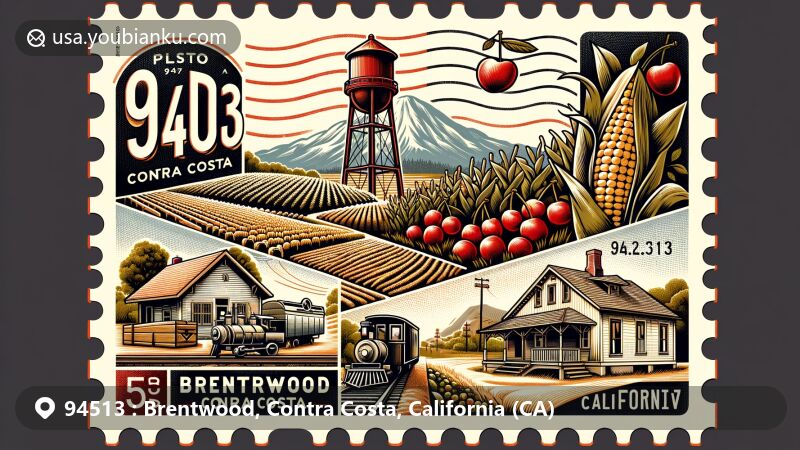 Illustration depicting Brentwood, Contra Costa County, California (ZIP code 94513), featuring agricultural heritage with cherries, corn, and peaches, iconic landmarks like Brentwood water tower, John Marsh stone house, and elements of East Contra Costa Historical Society. Background includes Mount Diablo.
