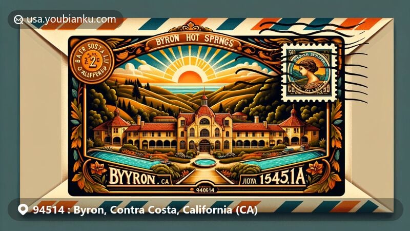 Vintage illustration of Byron Hot Springs, ZIP code 94514, Byron, Contra Costa, California, in an air mail envelope, highlighting early 20th-century resort charm.