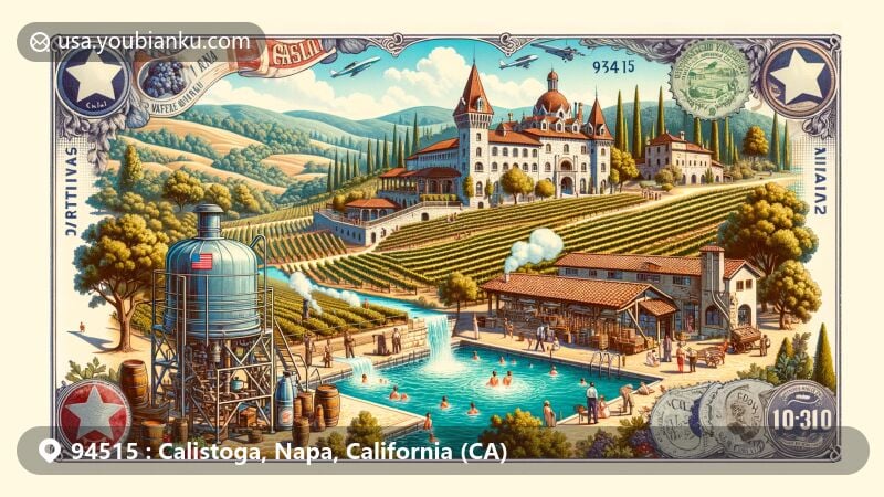 Modern illustration of Calistoga, California, highlighting Castello di Amorosa winery, hot springs, Calistoga Water Company, and vintage postcard postal theme with ZIP code 94515.