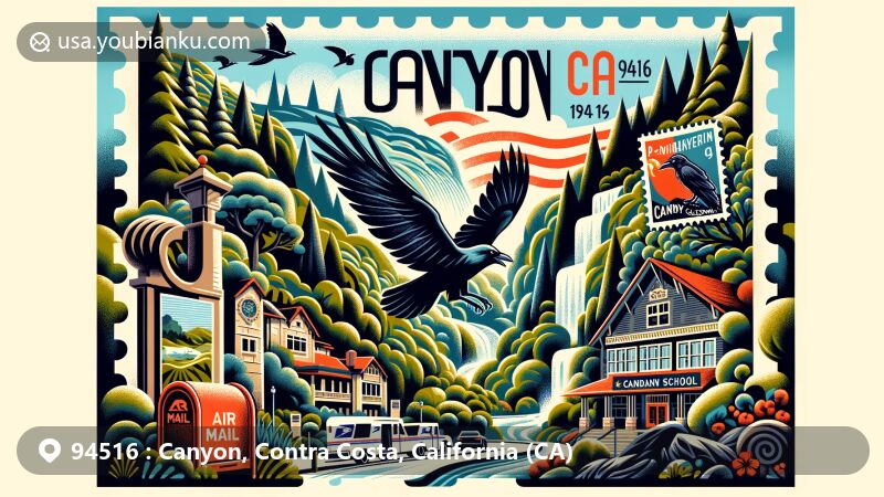 Modern illustration of Canyon, Contra Costa County, California, showcasing natural beauty and community spirit with postal theme for ZIP code 94516, featuring redwood trees, foggy hills, and local ravens.