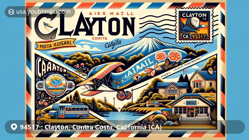 Modern illustration of Clayton, Contra Costa County, California, featuring vintage air mail envelope with Mount Diablo backdrop, Clayton Community Park, Diablo Creek Trail, Clayton Museum, and Clayton Library.