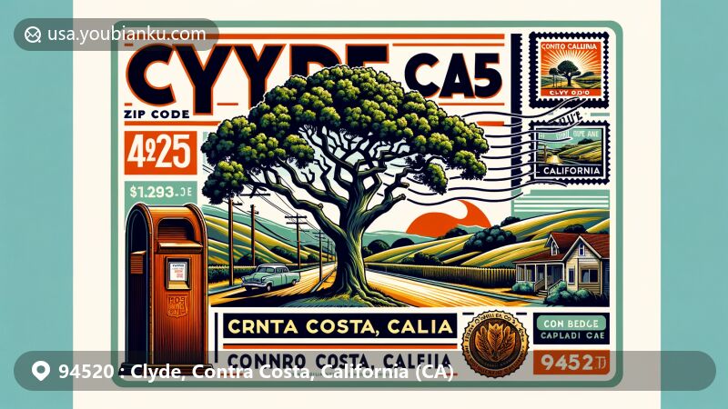 Modern illustration of Clyde, Contra Costa, California, highlighting postal theme with ZIP code 94520, featuring local landmarks and natural beauty, including iconic oak trees and vintage postcard elements.