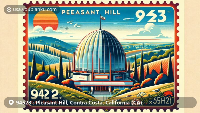 Modern illustration of Pleasant Hill, CA, featuring iconic dome-topped cinema, rolling hills, California state flag, vintage postage stamp frame with ZIP code 94523, and sunny California day.