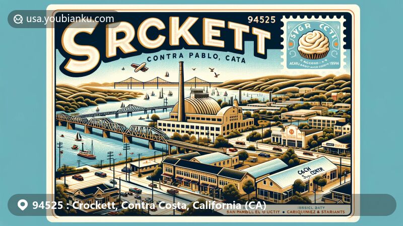 Modern illustration of Crockett, Contra Costa County, California, capturing the essence of 'Sugar City' with C&H sugar factory, San Pablo Bay, and Carquinez Strait, embodying the town's history and waterfront beauty.