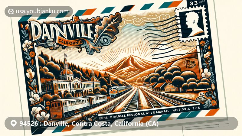 Modern illustration of Danville, Contra Costa County, California with ZIP code 94526, featuring Mount Diablo in the background and a postcard design highlighting the Iron Horse Regional Trail, Eugene O'Neill National Historic Site, and local natural elements.