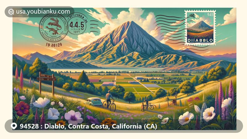 Modern illustration of Diablo, California, highlighting iconic Mount Diablo amidst local flora and fauna, embracing adventure and natural wonder. Features a postcard theme with '94528' ZIP code, reflecting area's postal history and springtime bloom.