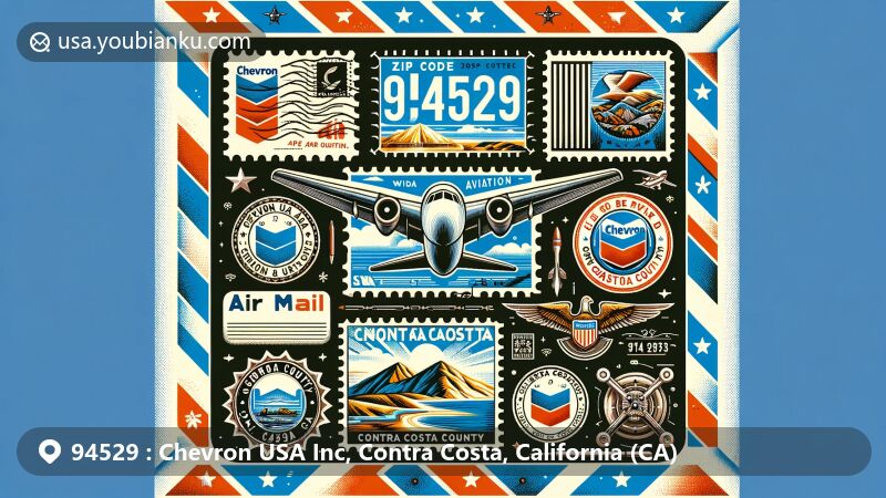 Modern illustration of Contra Costa County, California, highlighting Chevron USA Inc in ZIP Code 94529, with aviation-themed envelope featuring Mount Diablo and official seal.