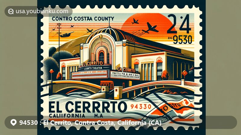 Modern illustration of El Cerrito, Contra Costa County, California, with postal theme showcasing ZIP code 94530, featuring Cerrito Theater, California state flag, and Contra Costa County outline.