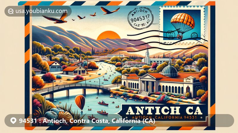 Modern illustration of Antioch, California, showcasing postal theme with ZIP code 94531, featuring Contra Loma Regional Park, Antioch Historical Museum, and San Joaquin River.
