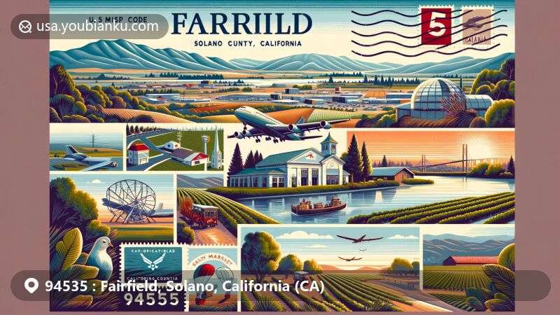 Modern illustration of Fairfield, Solano County, California, showcasing postal theme with ZIP code 94535, featuring California Coastal Ranges, Suisun Marsh, Travis Air Force Base, Jelly Belly Factory, vineyards, and California state flag.