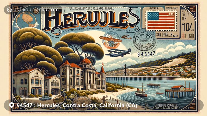 Captivating illustration of Hercules, Contra Costa County, California, embodying ZIP code 94547, featuring San Pablo Bay and historical references to the Hercules Powder Company.