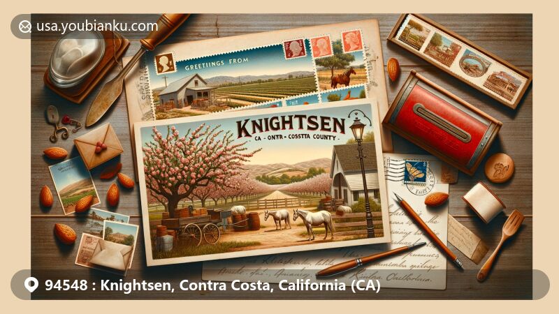 Modern illustration of Knightsen, Contra Costa County, California, featuring agricultural heritage, rural charm, and postal elements with vintage postcard showcasing grazing horses in homage to the town's equestrian presence. The scene includes a classic red mailbox, scattered vintage stamps depicting California landmarks, and an ink bottle with a quill, symbolizing the act of writing letters. Soft golden sunrise bathes the landscape and table in warm light, evoking a nostalgic and inviting atmosphere.