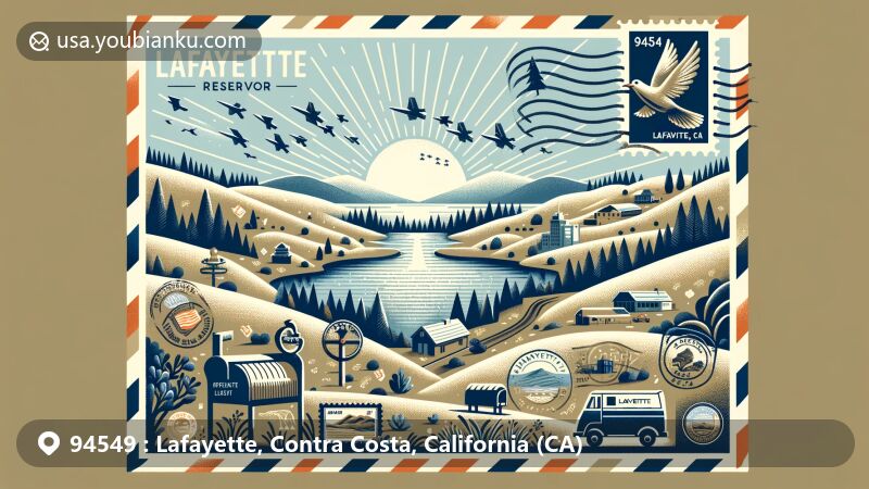 Modern illustration of Lafayette, CA, Contra Costa County, showcasing local and postal theme with Lafayette Reservoir, featuring an open airmail envelope with '94549 Lafayette, CA' postage and postmark stamps, surrounded by stamps displaying landmarks like Briones Regional Park. Background includes city skyline, hills of Lafayette, and a small mailbox.