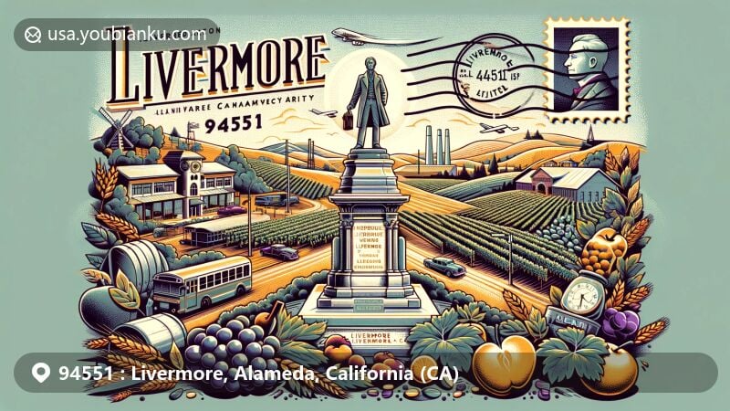 Modern illustration of Livermore, Alameda County, California, highlighting ZIP code 94551, featuring Livermore Memorial Monument commemorating Robert Livermore, surrounded by vineyards and historical elements.