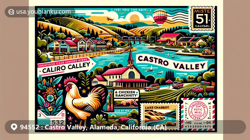 Modern illustration of Castro Valley, Alameda County, California, featuring a creative postcard highlighting scenic and cultural landmarks like Adobe Art Center, Lake Chabot, and chicken ranching history.