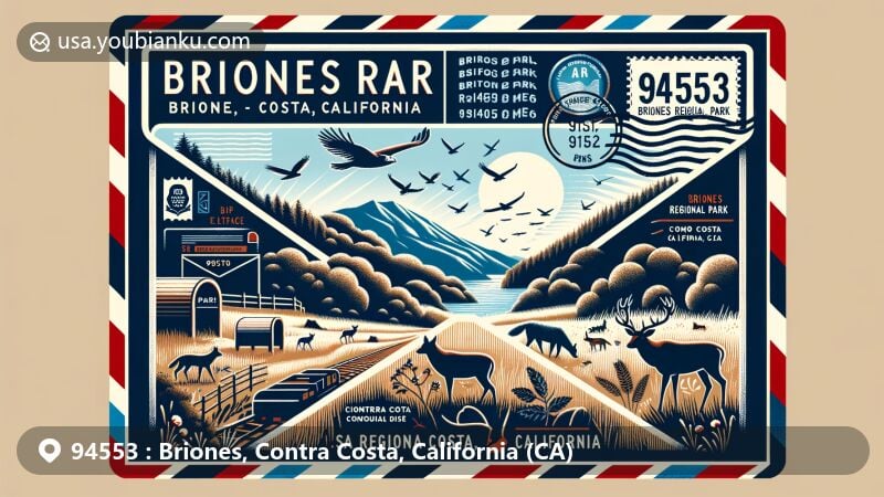 Vintage-style illustration of Briones Regional Park, ZIP code 94553, Briones, Contra Costa County, California, featuring rolling hills, shady canyons, and diverse wildlife like black-tailed deer and red-tailed hawks.
