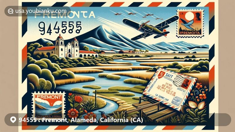 Modern illustration of zipcode area 94555 in Fremont, California, Alameda County, featuring Mission San José, Mission Peak, and Coyote Hills Regional Park, with vintage air mail envelope, postal stamps, and Fremont postal mark.