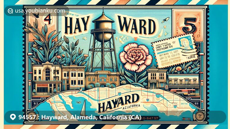 Modern illustration of Hayward, CA, showcasing postal theme with ZIP code 94557, featuring Hayward Water Tower, city seal, and carnation flower, integrated with Alameda County map outline.