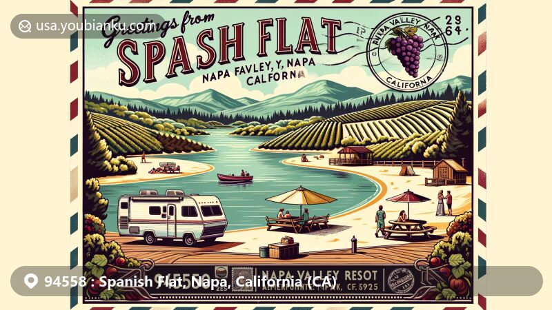 Modern illustration of Spanish Flat, Napa, California, featuring Lake Berryessa camping and recreational area in ZIP code 94558, showcasing Napa River, tent, RV, and picnic area, with RiverPointe Napa Valley Resort guests enjoying outdoor activities.
