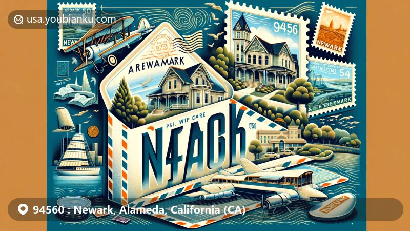 Creative illustration of Newark, California, featuring postal theme with ZIP code 94560, showcasing stamps, postmarks, and iconic landmarks like Ardenwood Historic Farm.