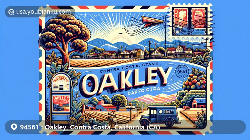 Modern illustration of Oakley, Contra Costa County, California, depicting ZIP code 94561, featuring a vibrant postcard theme with stamps and postal mark, showcasing the city's local history and identity.