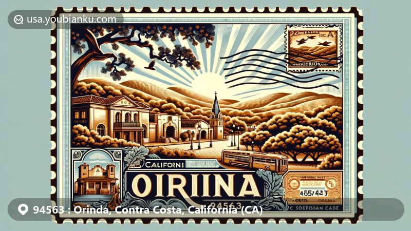 Modern illustration of Orinda, California in Contra Costa County, featuring oak-covered hills, the historic Moraga Adobe built in 1841, the iconic Orinda Theatre, and a vintage postal theme with 'Orinda, CA 94563' postcard and California state symbols.