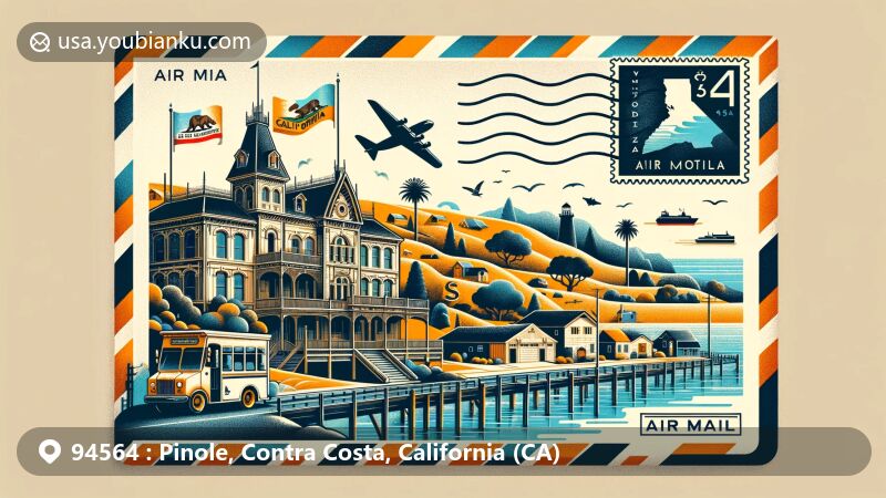 Modern illustration of Pinole, Contra Costa County, California, showcasing postal theme with ZIP code 94564, featuring Fernandez Mansion, San Pablo Bay, California state flag, map outline of Pinole on stamp, and postmark 'Pinole, CA 94564'. Includes mailbox and mail truck as postal elements.