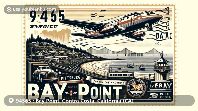 Modern illustration of Bay Point, Contra Costa County, California, featuring ZIP code 94565 and Suisun Bay's location, highlighting the BART system and Pittsburg/Bay Point Station.